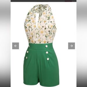 Retro style Floral Green Jumpsuit
